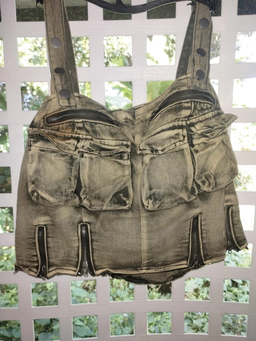 Fashion Nova Olive Wash Distressed Denim Bustier Overalls Top NWT XL